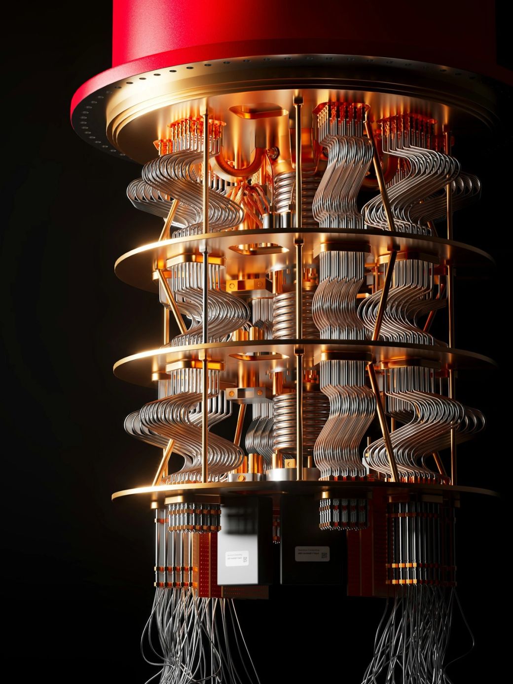 The image features a close-up view of a quantum computing processor, showcasing intricate metallic wiring and components. The glowing elements suggest advanced technology at work within a high-tech environment. — Credit: Photo by Planet Volumes / Unsplash