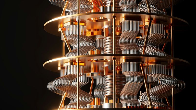 The image showcases a close-up view of a quantum computer's intricate architecture. It highlights the complex arrangement of wires and metallic components, emphasizing the advanced technology used in quantum computing.