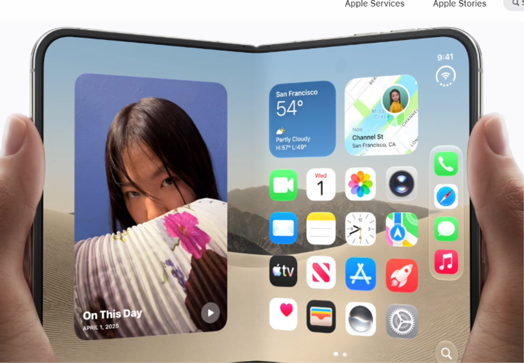 The image features a person holding a folded device displaying a colorful interface filled with various app icons. The background shows a serene landscape, indicating a blend of technology and nature. The device appears to be a futuristic smartphone, emphasizing innovation in mobile technology.