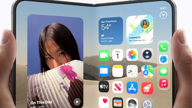 The image displays a close-up of a dual-screened device held in hands, showcasing an interface similar to Apple's iPhone with various app icons and a weather widget for San Francisco. The background features a blend of soft colors and a beach-like setting, suggesting a casual or aspirational lifestyle.