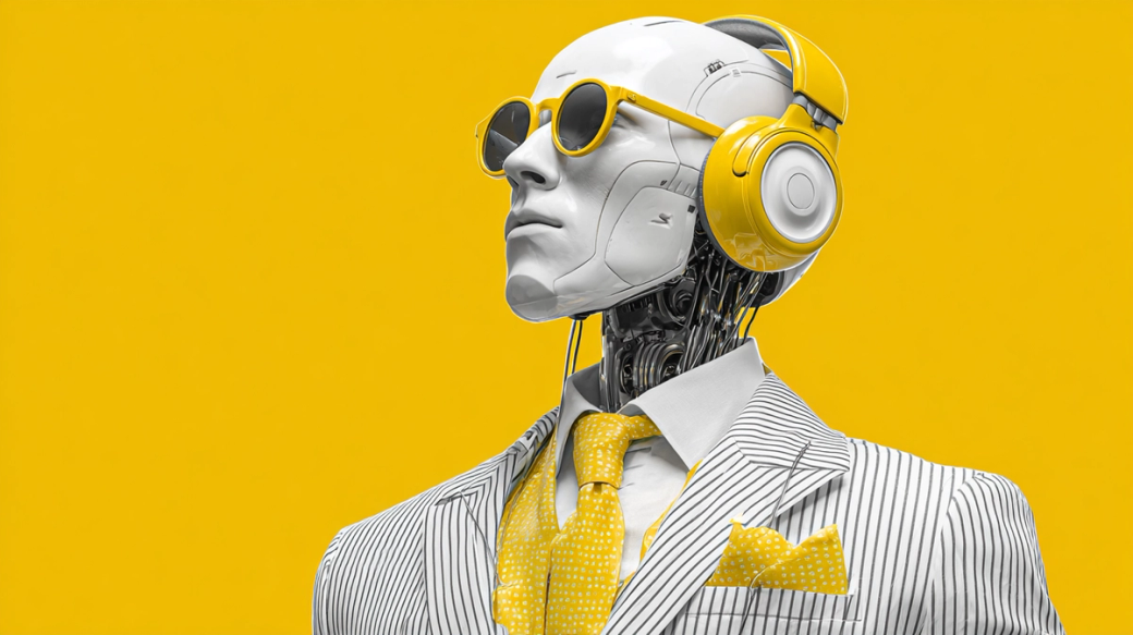 A stylized humanoid robot dressed in a striped suit with a tie and pocket square, wearing sunglasses and headphones. The background is a bright yellow, enhancing the futuristic and vibrant theme of the image.