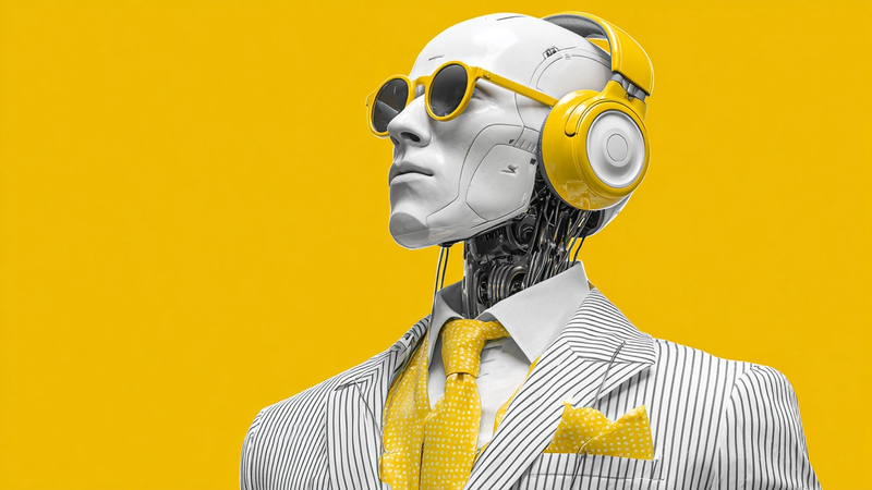 A stylized humanoid robot dressed in a striped suit with a tie and pocket square, wearing sunglasses and headphones. The background is a bright yellow, enhancing the futuristic and vibrant theme of the image.