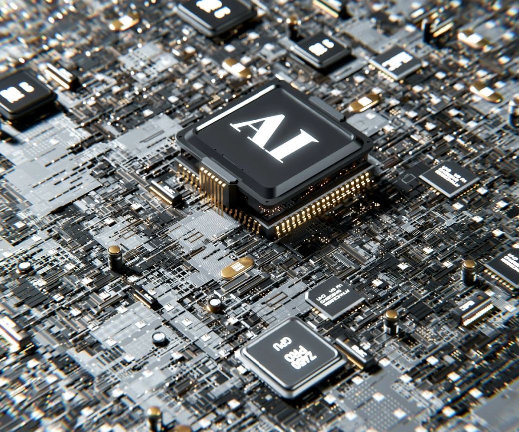 The image features a close-up of a computer chip surrounded by a complex network of electronic components. The chip prominently displays the letters 'AI', indicating a focus on artificial intelligence technology. — Credit: Photo by Igor Omilaev / Unsplash