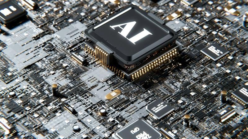 The image features a close-up of a computer chip surrounded by a complex network of electronic components. The chip prominently displays the letters 'AI', indicating a focus on artificial intelligence technology.