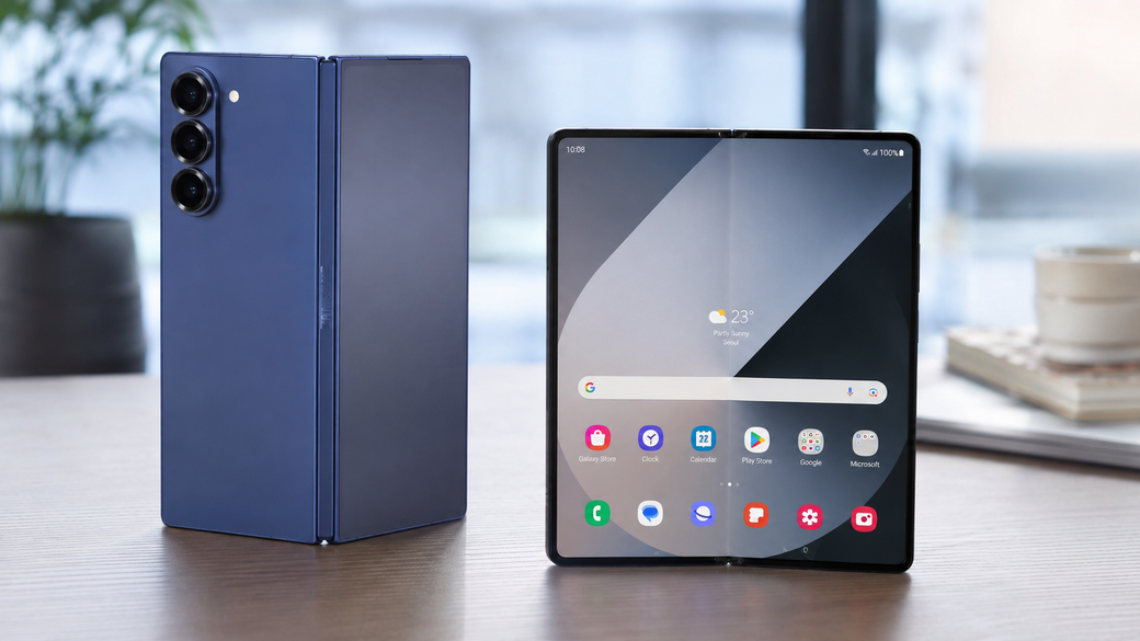 The image showcases a modern foldable smartphone placed on a wooden table. The device is partially opened, revealing its vibrant touchscreen display, while a potted plant and a cup are visible in the background.