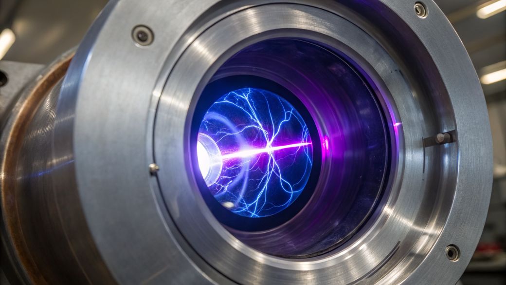 The image showcases a close-up view of a scientific apparatus, featuring a metallic chamber that houses a beam of plasma. The vibrant purple glow emanating from the center suggests active experimentation in the field of plasma physics or fusion energy.