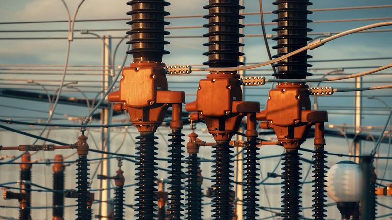 The image features an electrical substation with several high-voltage insulators and circuit components, indicating an energy distribution setup. The infrastructure showcases the intricate design of power transmission equipment under a clear sky.