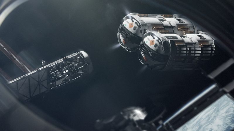 The image depicts a futuristic spacecraft docked with a space station, set against the backdrop of outer space. The scene illustrates advanced technology in a space exploration context.