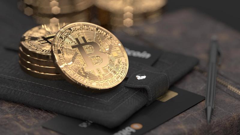 The image features a close-up view of shiny gold Bitcoin coins stacked beside a black wallet. The background includes some faint outlines of coins, suggesting a theme of cryptocurrency and finance.