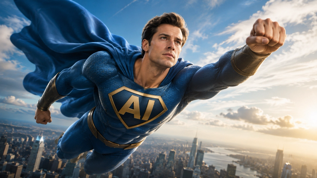 The image depicts a male superhero character flying through the sky, dressed in a blue costume with a large 'AI' emblem on his chest. The city skyline is visible below, enhancing the sense of adventure and empowerment associated with AI technology as a superhero. The dramatic cloudscape and sunlight suggest a vibrant atmosphere, linking to themes of AI superpowers.