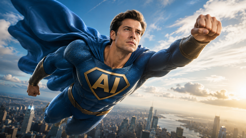 The image depicts a male superhero character flying through the sky, dressed in a blue costume with a large 'AI' emblem on his chest. The city skyline is visible below, enhancing the sense of adventure and empowerment associated with AI technology as a superhero. The dramatic cloudscape and sunlight suggest a vibrant atmosphere, linking to themes of AI superpowers.