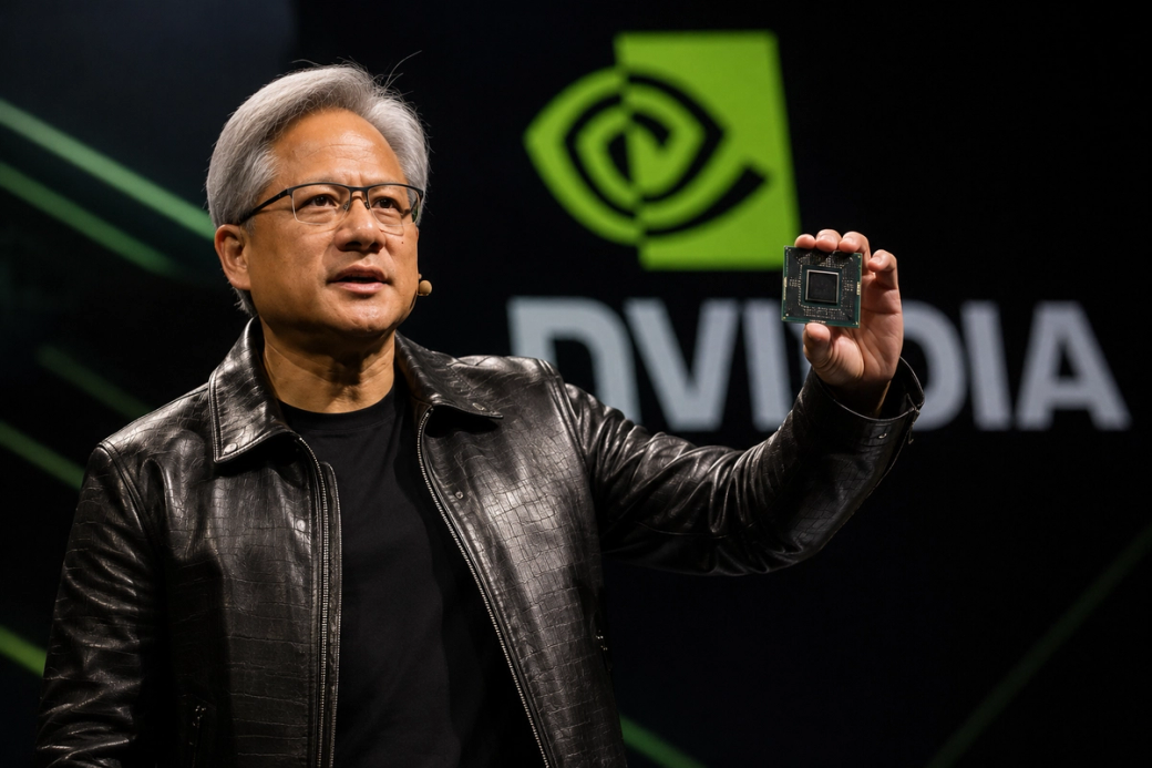 A man in a black leather jacket is presenting a new processor at a tech event, showcasing the product to the audience. Behind him is a banner featuring the NVIDIA logo, emphasizing the company's involvement in cutting-edge technology.