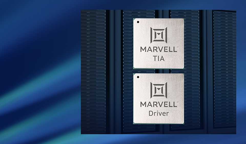 The image features two metallic chips labeled 'MARVELL TIA' and 'MARVELL Driver' positioned against a backdrop of server racks. The branding indicates a focus on technology components related to data processing or network infrastructure.