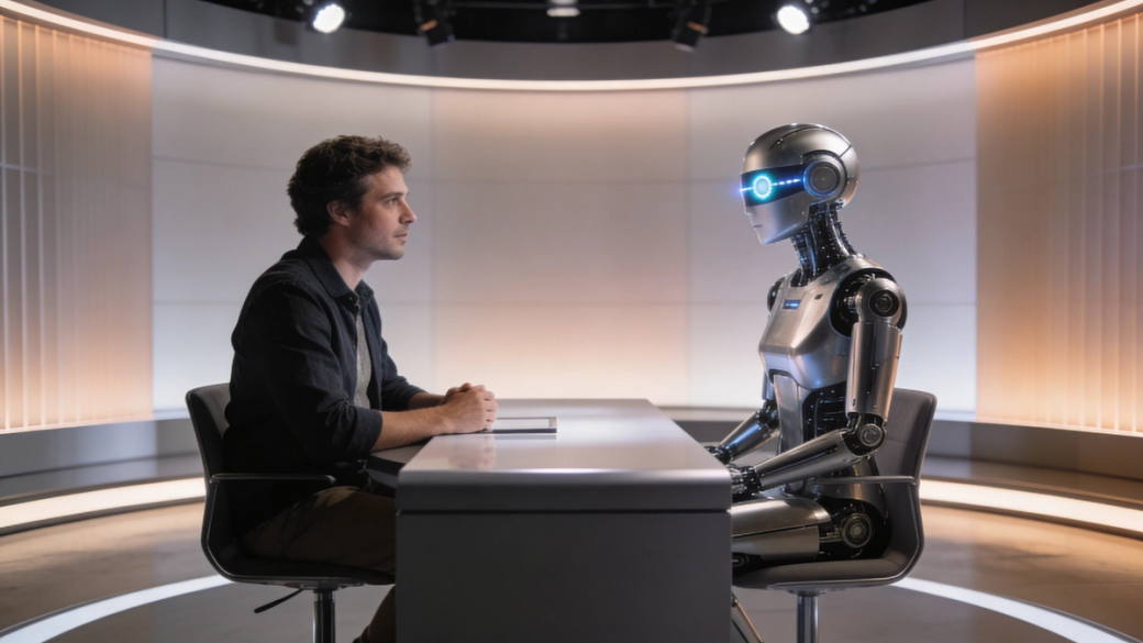 A human sits across from a humanoid robot in a modern studio setting, engaged in a conversation. The backdrop features soft lighting and sleek design elements, creating a futuristic atmosphere.