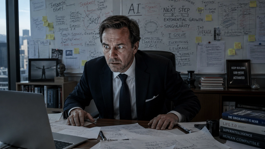 A worried businessman is seated at a cluttered desk, intently focusing on a laptop screen. The backdrop features numerous notes and charts related to AI and its implications for the future.
