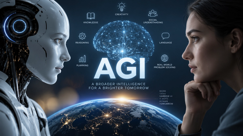 The image depicts a futuristic scene featuring a humanoid robot and a woman facing each other, symbolizing the interaction between artificial general intelligence (AGI) and human intelligence. Behind them is a visual representation of a brain with various interconnected concepts such as knowledge, creativity, and social understanding, emphasizing the potential of AGI for problem solving and improving the future.