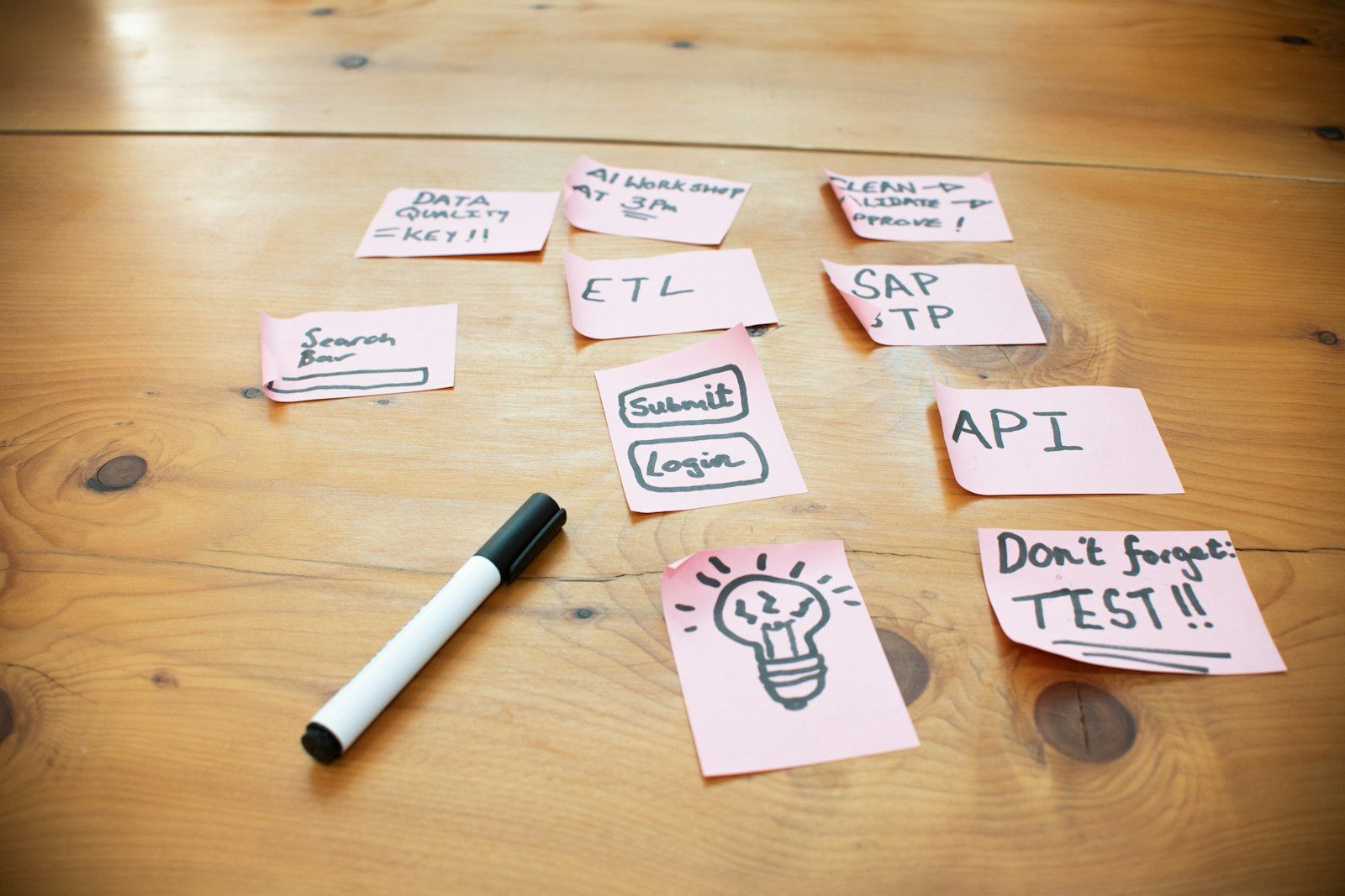 The image features a collection of sticky notes arranged on a wooden surface, with written reminders and notes related to data management, software applications, and project tasks. A black marker is also present, suggesting an ongoing brainstorming or planning session.