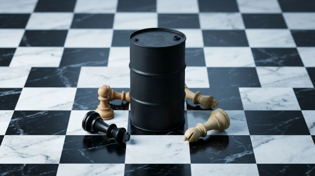 An oil drum stands prominently on a large black and white chessboard, symbolizing geopolitical strategy and the power of oil as a commodity. Scattered around the barrel are fallen chess pieces, including a toppled rook and a bishop, enhancing the metaphor of strategy and dominance in a stark, surreal setting.