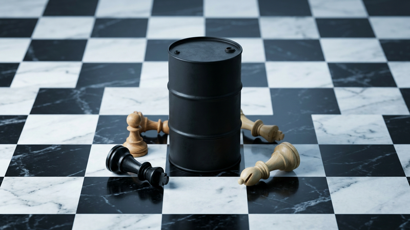 An oil drum stands prominently on a large black and white chessboard, symbolizing geopolitical strategy and the power of oil as a commodity. Scattered around the barrel are fallen chess pieces, including a toppled rook and a bishop, enhancing the metaphor of strategy and dominance in a stark, surreal setting.