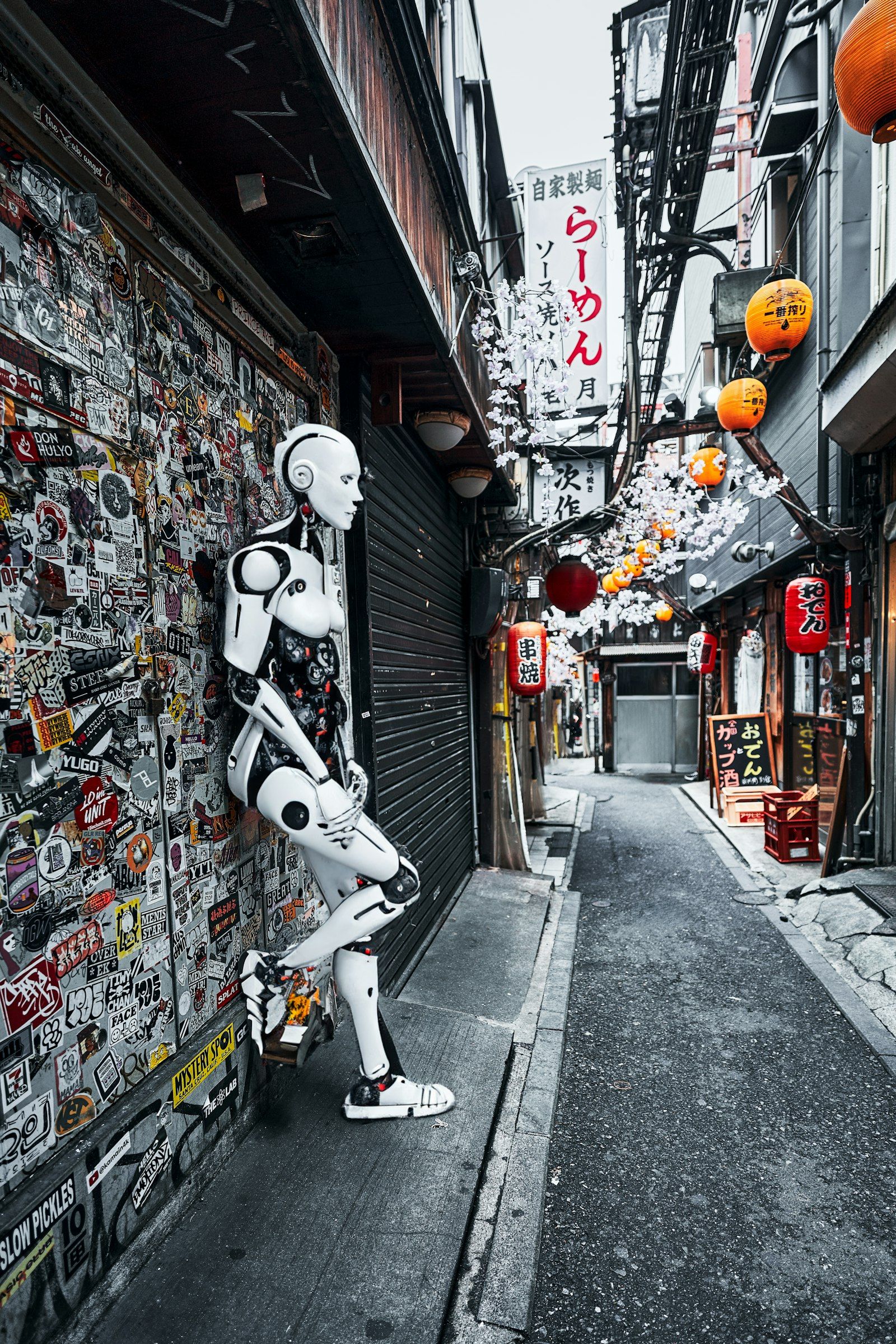 The image depicts a narrow alleyway filled with vibrant signage and decorations, including paper lanterns and cherry blossom motifs. A humanoid robot is positioned against a wall covered in stickers, contrasting with the traditional elements of the alley.