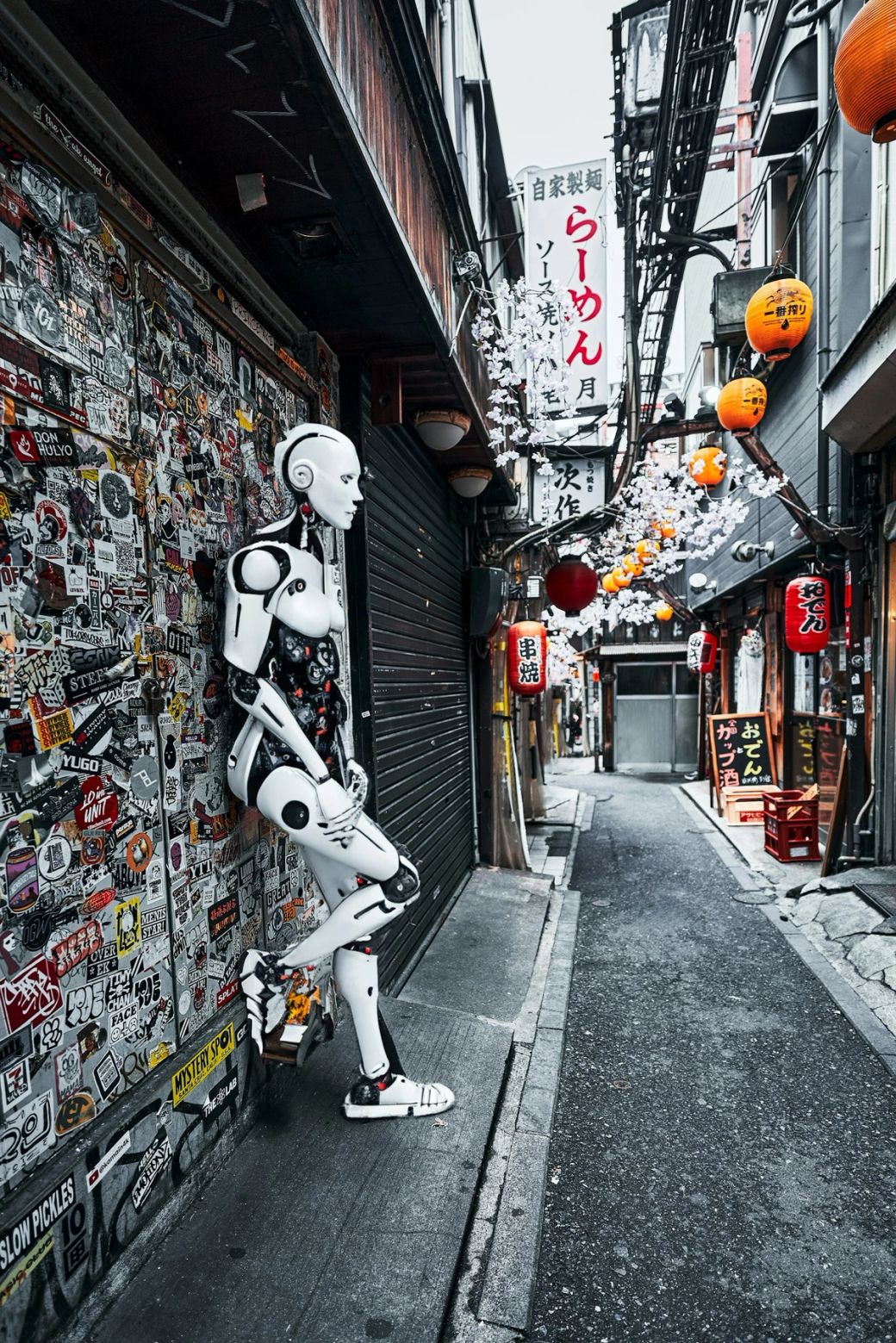 The image depicts a narrow alleyway filled with vibrant signage and decorations, including paper lanterns and cherry blossom motifs. A humanoid robot is positioned against a wall covered in stickers, contrasting with the traditional elements of the alley. — Credit: Photo by Jezael Melgoza / Unsplash