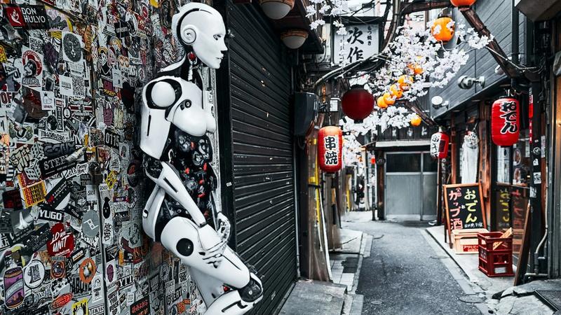 The image depicts a narrow alleyway filled with vibrant signage and decorations, including paper lanterns and cherry blossom motifs. A humanoid robot is positioned against a wall covered in stickers, contrasting with the traditional elements of the alley.