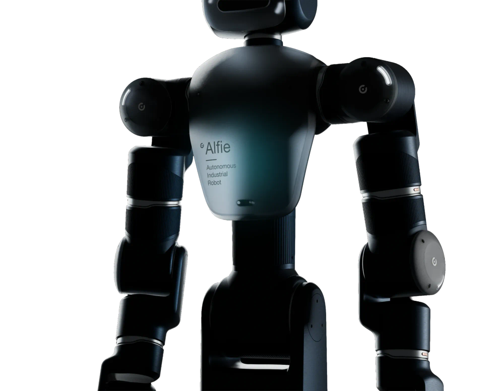 The image features a sleek, autonomous industrial robot named Alfie, showcasing its humanoid form and articulated limbs. The robot appears to be rendered with a glossy finish, emphasizing its modern design and functionality.
