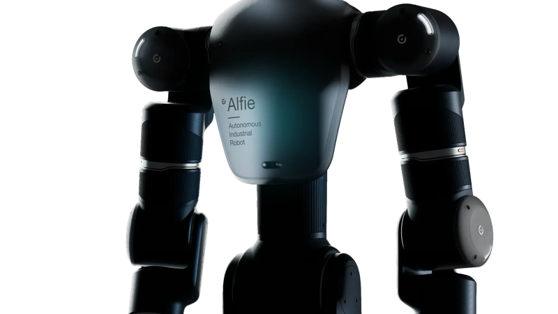 The image features a sleek, autonomous industrial robot named Alfie, showcasing its humanoid form and articulated limbs. The robot appears to be rendered with a glossy finish, emphasizing its modern design and functionality.