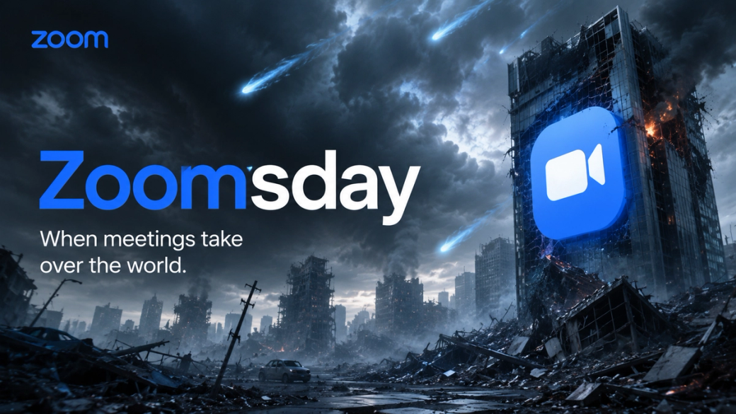A dystopian scene featuring a ruined cityscape under a stormy sky, with falling meteors and debris. Prominently displayed is the word 'Zoomsday' along with the Zoom logo, implying a humorous take on virtual meetings taking over amidst chaos.