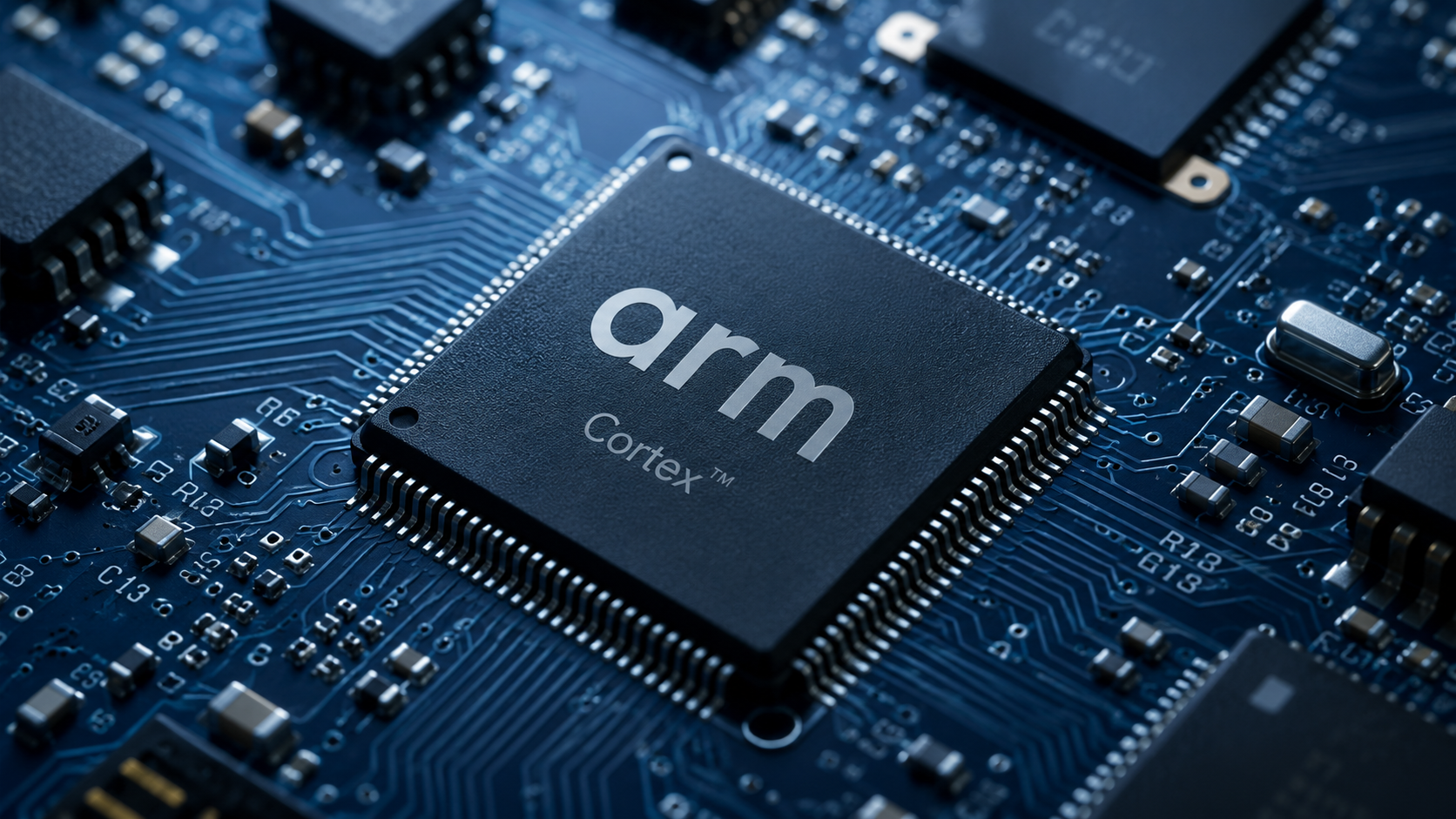 The image depicts a close-up view of a microprocessor chip on a printed circuit board, prominently featuring the ARM logo. The intricate details of the surrounding electronic components highlight the advanced technology characteristic of ARM Holdings.