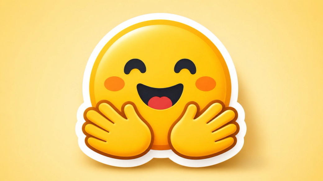 The image features a cheerful, cartoonish emoji with a round yellow face, smiling widely with open hands. The background is a soft, warm yellow, enhancing the joyful expression of the emoji.