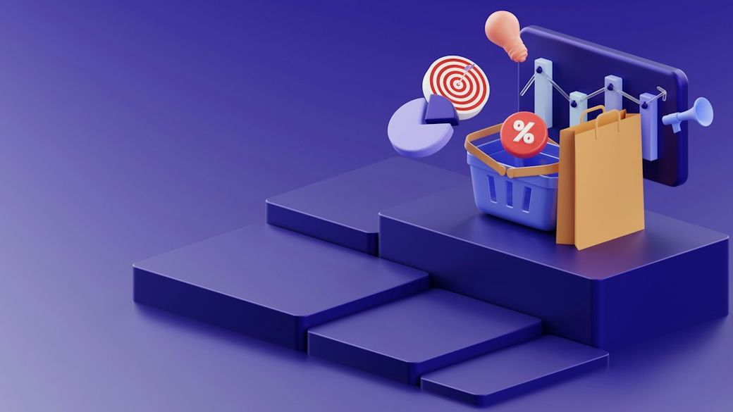 The image features a stylized 3D representation of a shopping basket accompanied by various symbols like a percentage sign, a target, and a light bulb, set against a purple gradient background. The design emphasizes themes of e-commerce and marketing. — Credit: Photo by Growtika on Unsplash