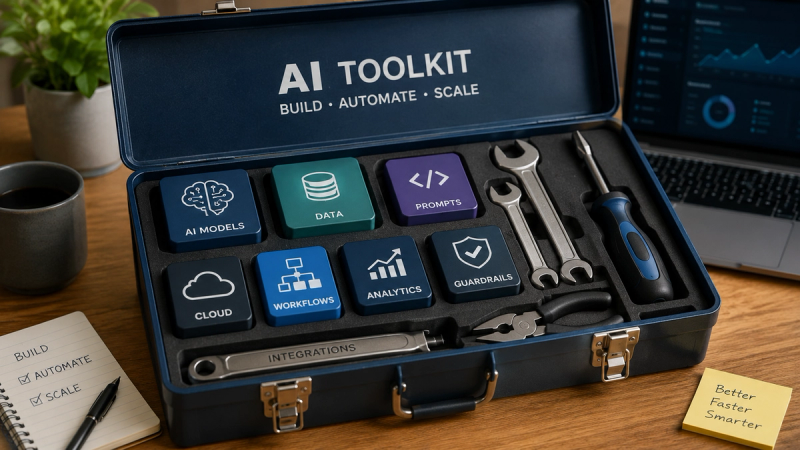 The image showcases a blue toolbox labeled 'AI TOOLKIT' that contains various colorful square icons representing different aspects of artificial intelligence, such as data, workflows, and analytics. Tools appropriate for building and automation are arranged alongside these icons, emphasizing the practical applications of AI technology.