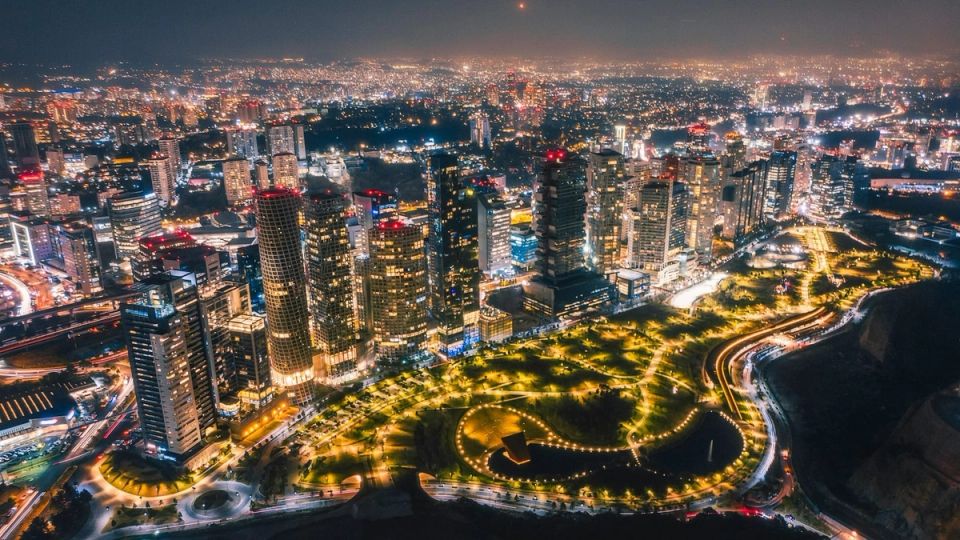 aerial view of city buildings during night time