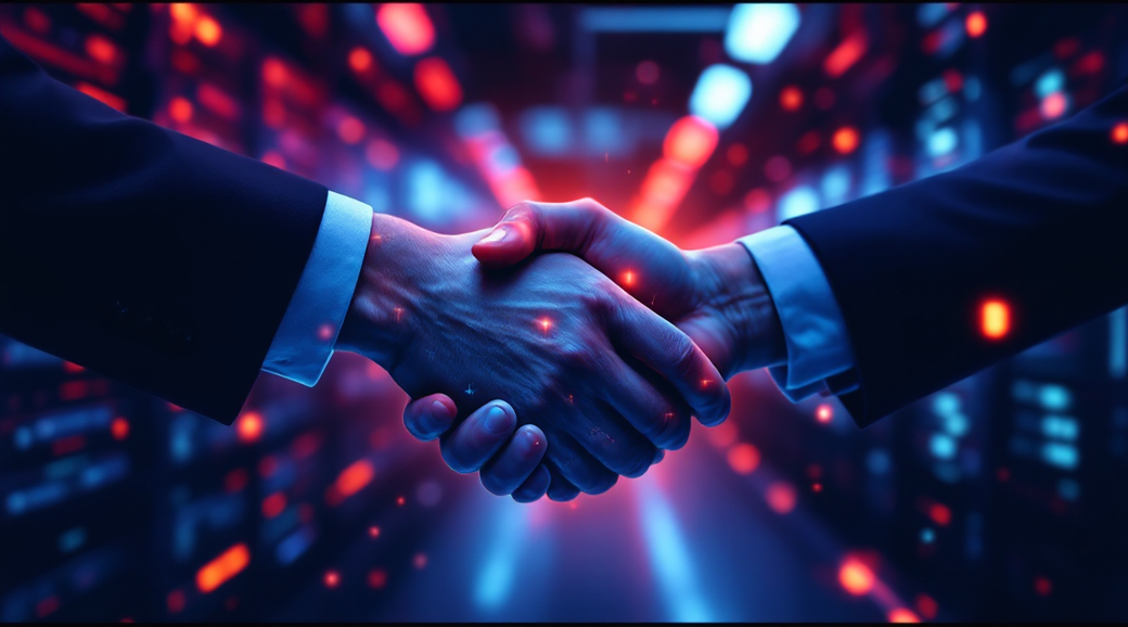 The image depicts two hands shaking in a digital environment characterized by glowing lights and abstract data patterns. This represents a partnership or agreement in a technology-driven context.