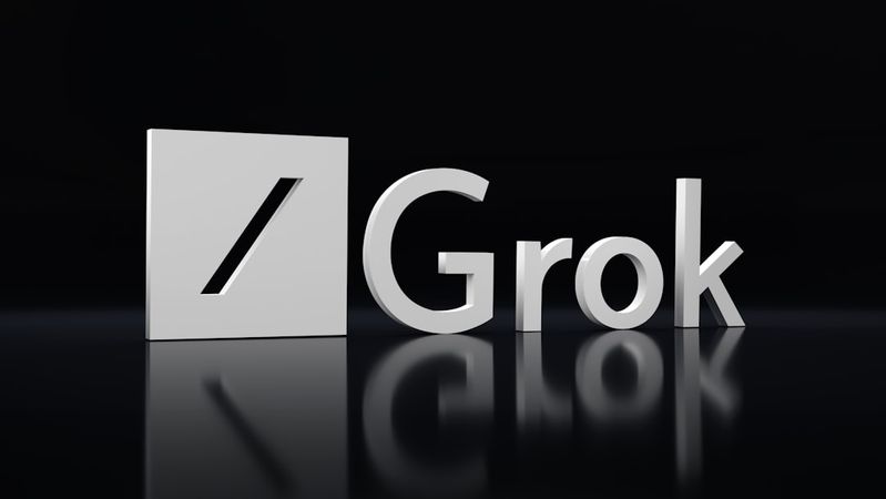 The image features the 3D logo of 'Grok', presented in a minimalistic style against a dark background. The logo appears sleek and modern, reflecting contemporary design aesthetics.