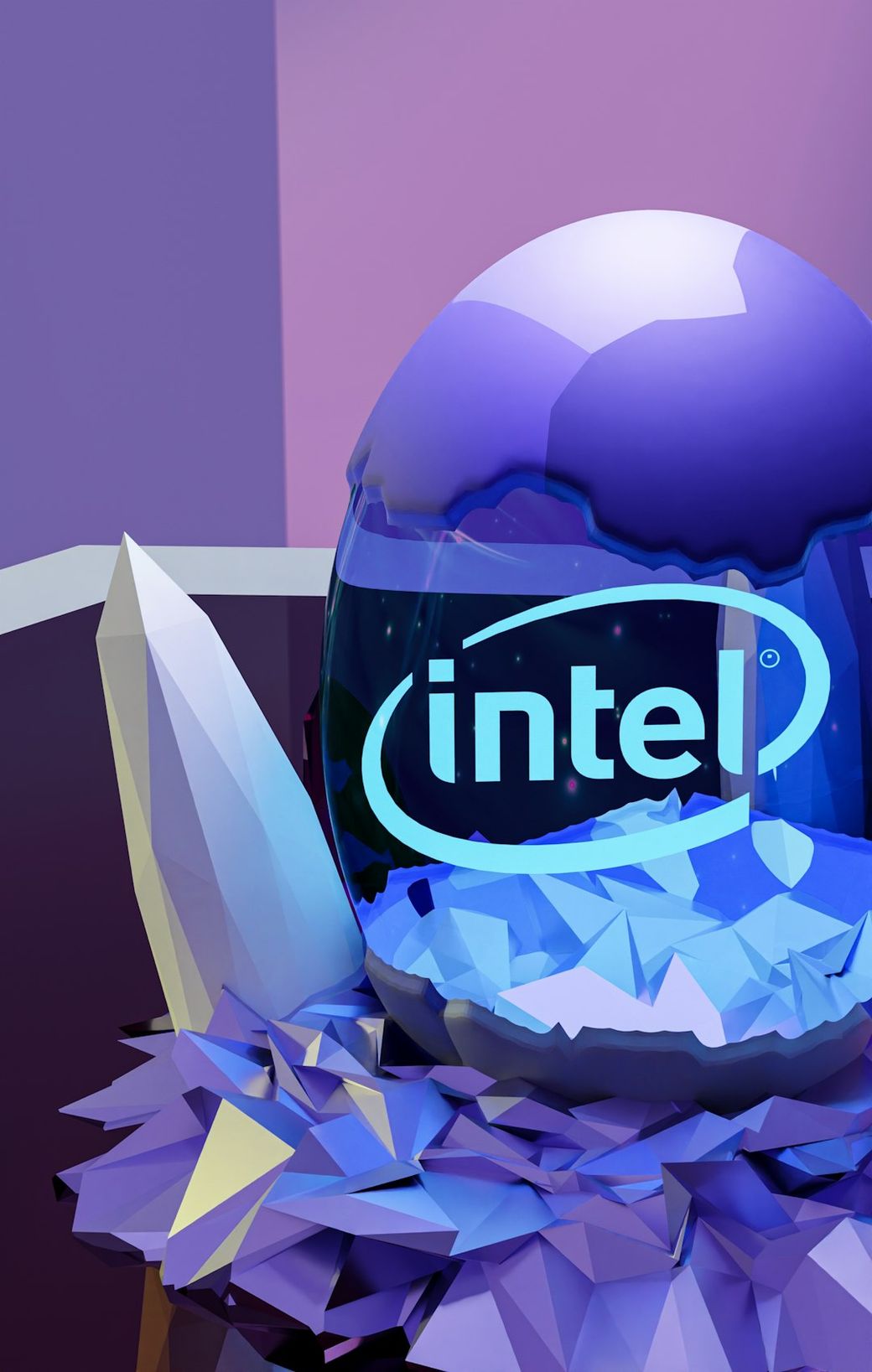 The image features a stylized 3D rendering of a snow globe-like object containing the Intel logo, set against a soft gradient background with geometric formations. The overall aesthetic combines elements of modern design with a hint of abstract art. — Credit: Photo by Brecht Corbeel on Unsplash