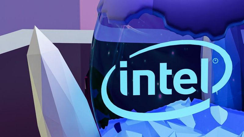 The image features a stylized 3D rendering of a snow globe-like object containing the Intel logo, set against a soft gradient background with geometric formations. The overall aesthetic combines elements of modern design with a hint of abstract art.