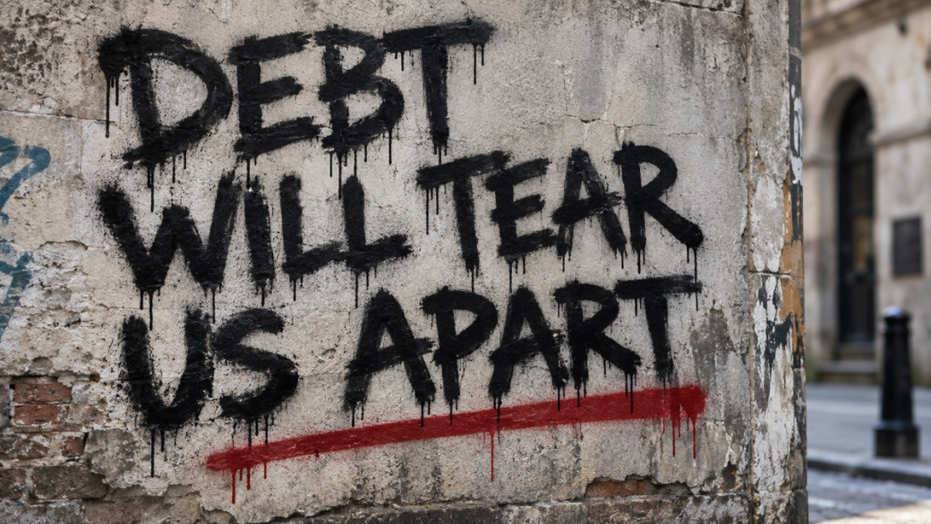 The image shows a wall with graffiti that reads 'DEBT WILL TEAR US APART'. The stark black text is contrasted against a weathered, beige background, suggesting social commentary on financial issues.