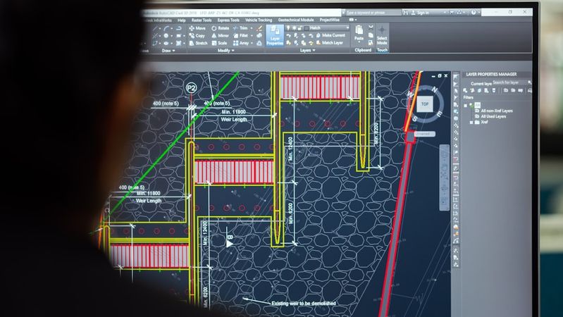 The image shows a person working on architectural or engineering software, with a detailed technical drawing displayed on a computer monitor. The drawing includes various elements such as lines and labels indicative of a design project.