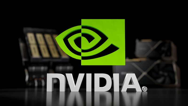 The image features the logo of NVIDIA, a technology company known for its graphics processing units (GPUs). The logo is prominently displayed in green and white, with stylized elements behind it that suggest high-tech products.