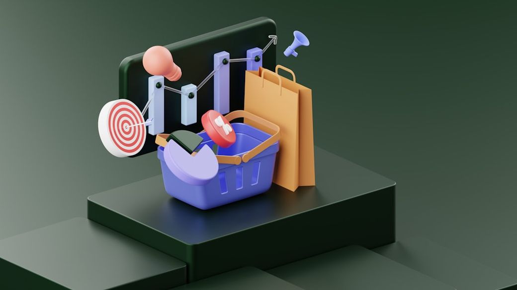 The image features a colorful 3D illustration of a shopping basket surrounded by various graphical elements such as a target, a speech bubble, and a shopping bag. The scene suggests themes of retail and consumer behavior, with visual indicators of market dynamics. — Credit: Photo by Growtika on Unsplash