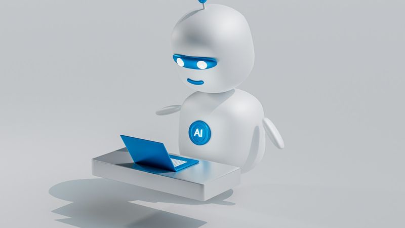 A stylized robotic character is depicted interacting with a laptop on a sleek surface. The robot, featuring blue accents, appears engaged in tasks related to artificial intelligence.
