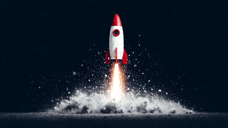 A rocket launches upward, leaving a trail of flames and smoke behind it. The dark background emphasizes the rocket's bright colors and the dynamic motion of the launch.
