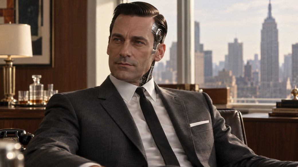 A futuristic office scene featuring a man in a tailored suit with cybernetic features, sitting confidently in a modern corporate environment. The backdrop reveals a city skyline, suggesting a high-rise office setting.