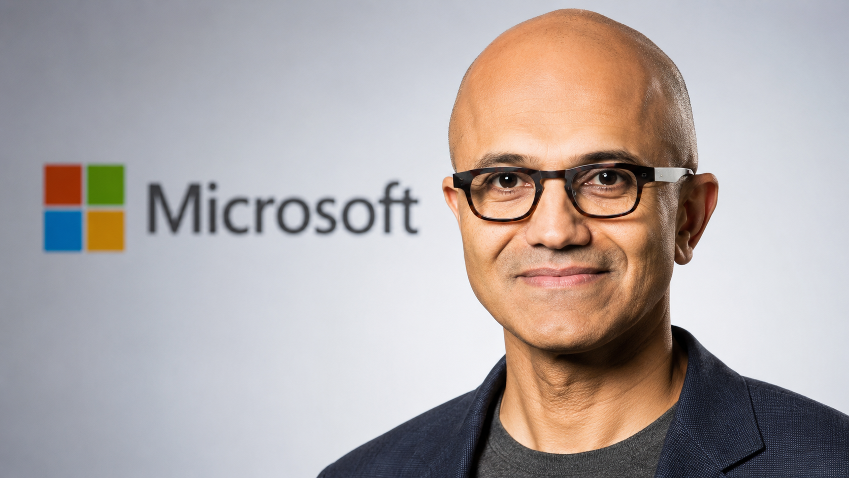 The image features a close-up portrait of a middle-aged man with glasses, displaying a confident smile. Behind him is a large, colorful Microsoft logo, indicating a corporate setting related to the technology industry.