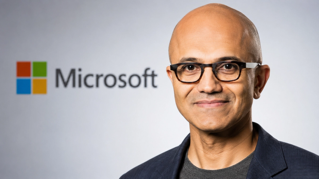The image features a close-up portrait of a middle-aged man with glasses, displaying a confident smile. Behind him is a large, colorful Microsoft logo, indicating a corporate setting related to the technology industry.