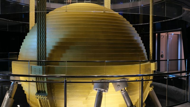 The image showcases a large, spherical object with a layered, striped design, situated within a circular glass enclosure. The environment appears to be modern and high-tech, possibly part of a scientific exhibition or advanced research facility.