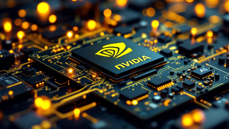 The image showcases a close-up of a computer circuit board featuring a prominent Nvidia chip, surrounded by glowing components and circuitry. This visual highlights the technological advancements in server rack design, specifically relating to Nvidia's competitive positioning in the AI chip market.