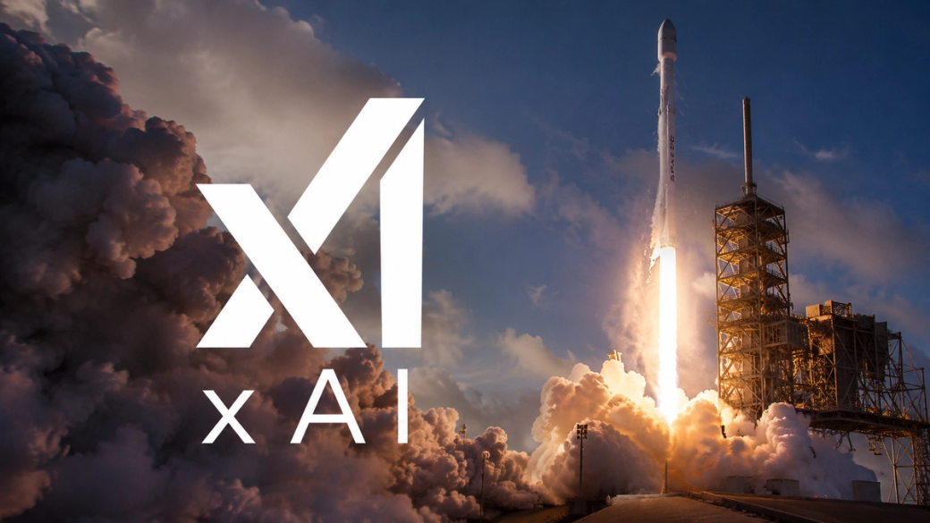 A rocket launches from a launch pad, surrounded by billowing clouds of smoke and steam. The image features a prominent logo for xAI in the foreground.